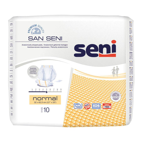 Ein Paket mit 10 Einweg-Inkontinenzunterlagen von San Seni. Die Unterlagen sind in einem sanften Grünton verpackt und zeigen ein modernes, ansprechendes Design. Auf der Vorderseite des Pakets sind Informationen zur Produktart und zur Größe klar abgedruckt. Die Verpackung ist geöffnet, wobei die Unterlagen ordentlich übereinander gestapelt sind, um die Qualität und Saugfähigkeit zu demonstrieren. Zusätzlich sind kleine Piktogramme sichtbar, die auf eine hohe Saugkraft und Benutzerfreundlichkeit hinweisen.