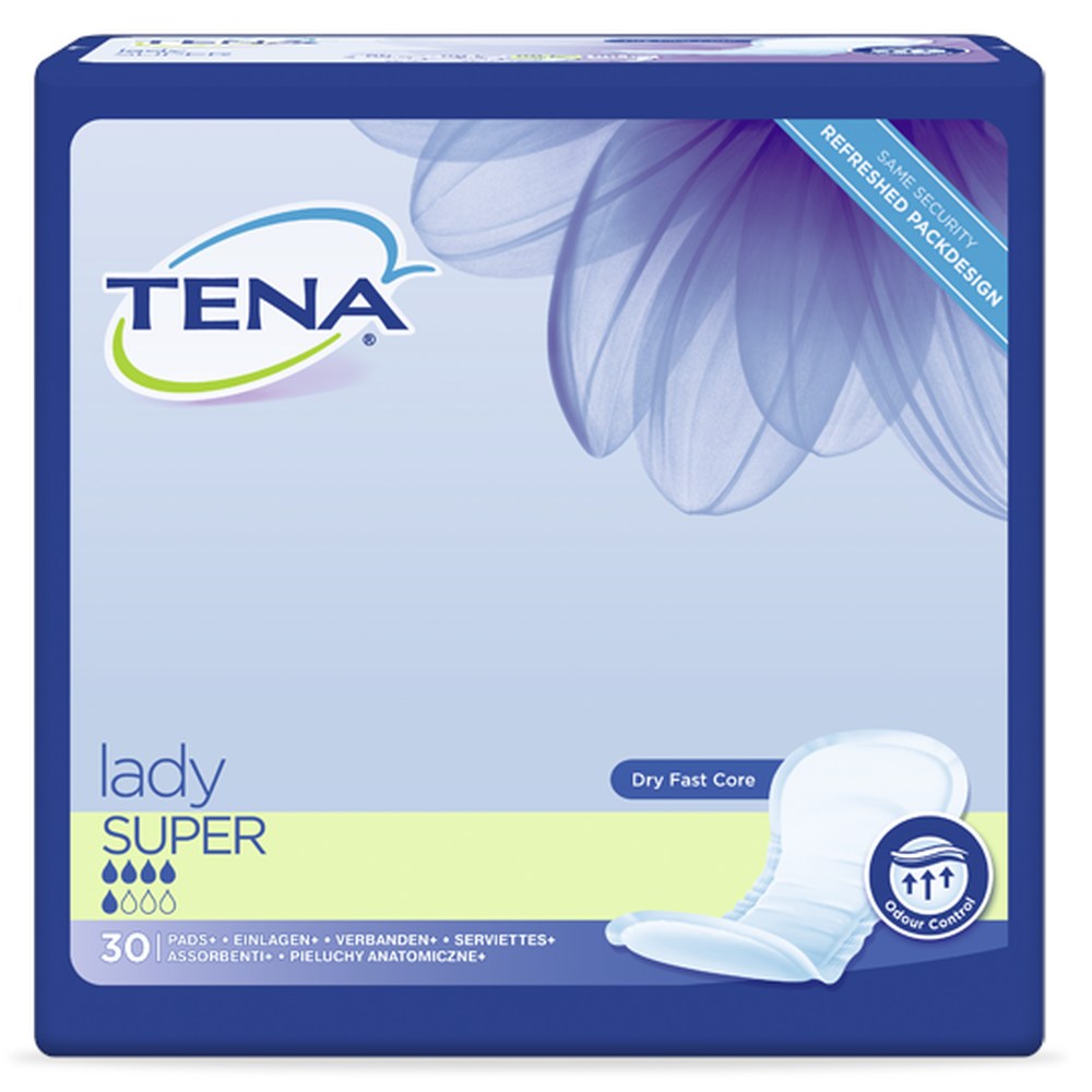 TENA Lady Super Inkontinenzeinlagen Verpackung. Die Vorderseite der Verpackung zeigt den Markennamen "TENA" sowie das Produkt "Lady Super" in großen, auffälligen Buchstaben. Die dominante Farbe ist ein sanftes Blau, ergänzt durch grüne und lilafarbene Akzente. In der oberen rechten Ecke ist ein Hinweis auf die Saugfähigkeit abgebildet. Unten sind Symbole für Komfort und Diskretion zu sehen. Die Verpackung hat eine klare, saubere Gestaltung, die sofort das Produkt und seinen Nutzen kommuniziert.