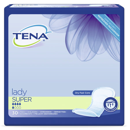 TENA Lady Super Inkontinenzeinlagen Verpackung. Die Vorderseite der Verpackung zeigt den Markennamen "TENA" sowie das Produkt "Lady Super" in großen, auffälligen Buchstaben. Die dominante Farbe ist ein sanftes Blau, ergänzt durch grüne und lilafarbene Akzente. In der oberen rechten Ecke ist ein Hinweis auf die Saugfähigkeit abgebildet. Unten sind Symbole für Komfort und Diskretion zu sehen. Die Verpackung hat eine klare, saubere Gestaltung, die sofort das Produkt und seinen Nutzen kommuniziert.