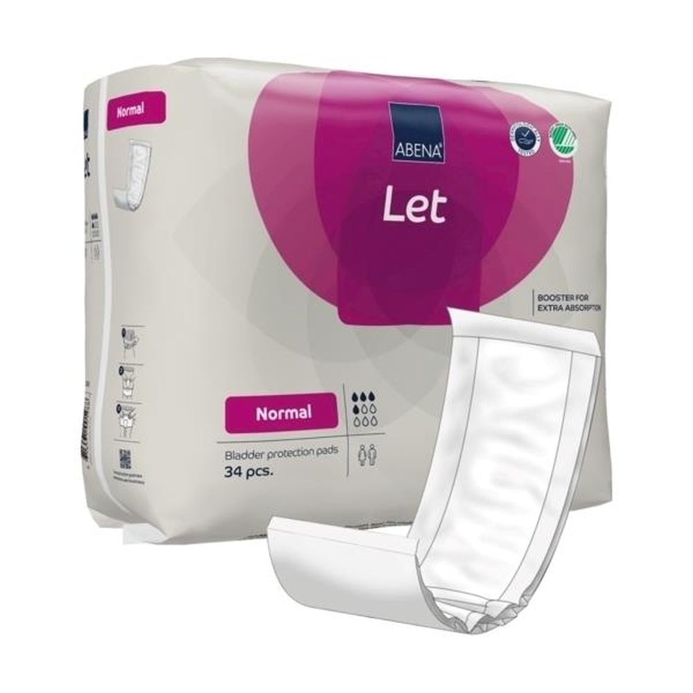 Das Bild zeigt eine Packung Abena Let Normal Inkontinenzslips. Die Vorderseite der Verpackung ist in einem hellen, ansprechenden Design gehalten und enthält das Produktlogo sowie die Bezeichnung "Let Normal". Unter dem Logo sind detaillierte Informationen zu den Stärken und Eigenschaften der Slips abgebildet. Die Farbgebung ist überwiegend in sanften Blau- und Grüntönen gehalten, was einen frischen Eindruck vermittelt.