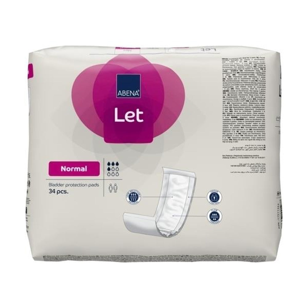 Das Produktbild zeigt eine Verpackung des Abena Let Normal Inkontinenzprodukts. Die Verpackung ist überwiegend in Weiß gehalten und weist eine klare, übersichtliche Gestaltung auf. In der Mitte befindet sich der Produktname „Abena Let Normal“ in blauen und grünen Schriftzügen. Am oberen Rand sind Icons zur Stress- und Flüssigkeitssicherheit abgebildet. Unten sind Details wie die Anzahl der enthaltenen Einlagen und die Größe angegeben.