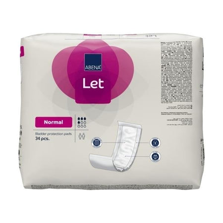 Das Produktbild zeigt eine Verpackung des Abena Let Normal Inkontinenzprodukts. Die Verpackung ist überwiegend in Weiß gehalten und weist eine klare, übersichtliche Gestaltung auf. In der Mitte befindet sich der Produktname „Abena Let Normal“ in blauen und grünen Schriftzügen. Am oberen Rand sind Icons zur Stress- und Flüssigkeitssicherheit abgebildet. Unten sind Details wie die Anzahl der enthaltenen Einlagen und die Größe angegeben.