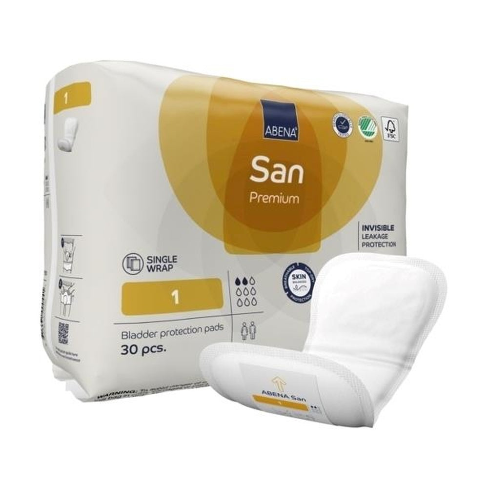 Abena San Premium GR 1 Einlagen für Erwachsene, gezeigt auf einem weißen Hintergrund. Die Einlage hat eine rechteckige Form und ist in einem sanften Blau gehalten. Sie ist mit einer speziellen Oberflächenstruktur versehen, die für zusätzlichen Komfort sorgt. Die Verpackung ist transparent, sodass die Einlage sichtbar ist; sie zeigt das Abena-Logo und wichtige Produktinformationen in klarer Schrift.