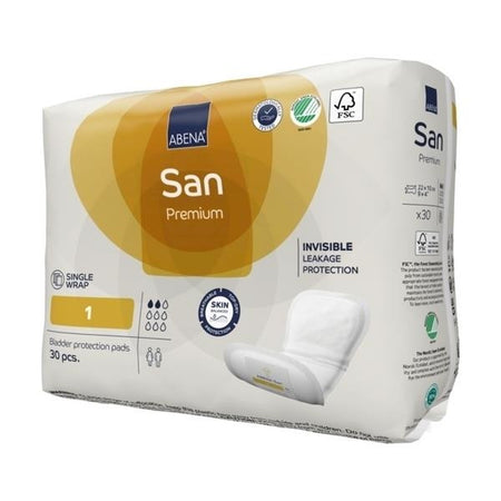 Ein rechteckiges Produktpaket der Abena San Premium Einlagen der Klasse 1 ist abgebildet. Die Verpackung ist überwiegend weiß mit grünen und blauen Akzenten. Das Logo von Abena ist gut sichtbar in der oberen linken Ecke platziert. Auf der Vorderseite sind wichtige Informationen wie die Produktbezeichnung „San Premium Gr. 1“ und eine Darstellung des Inhalts zu sehen. Der Hintergrund ist neutral, wodurch das Produkt im Fokus steht.
