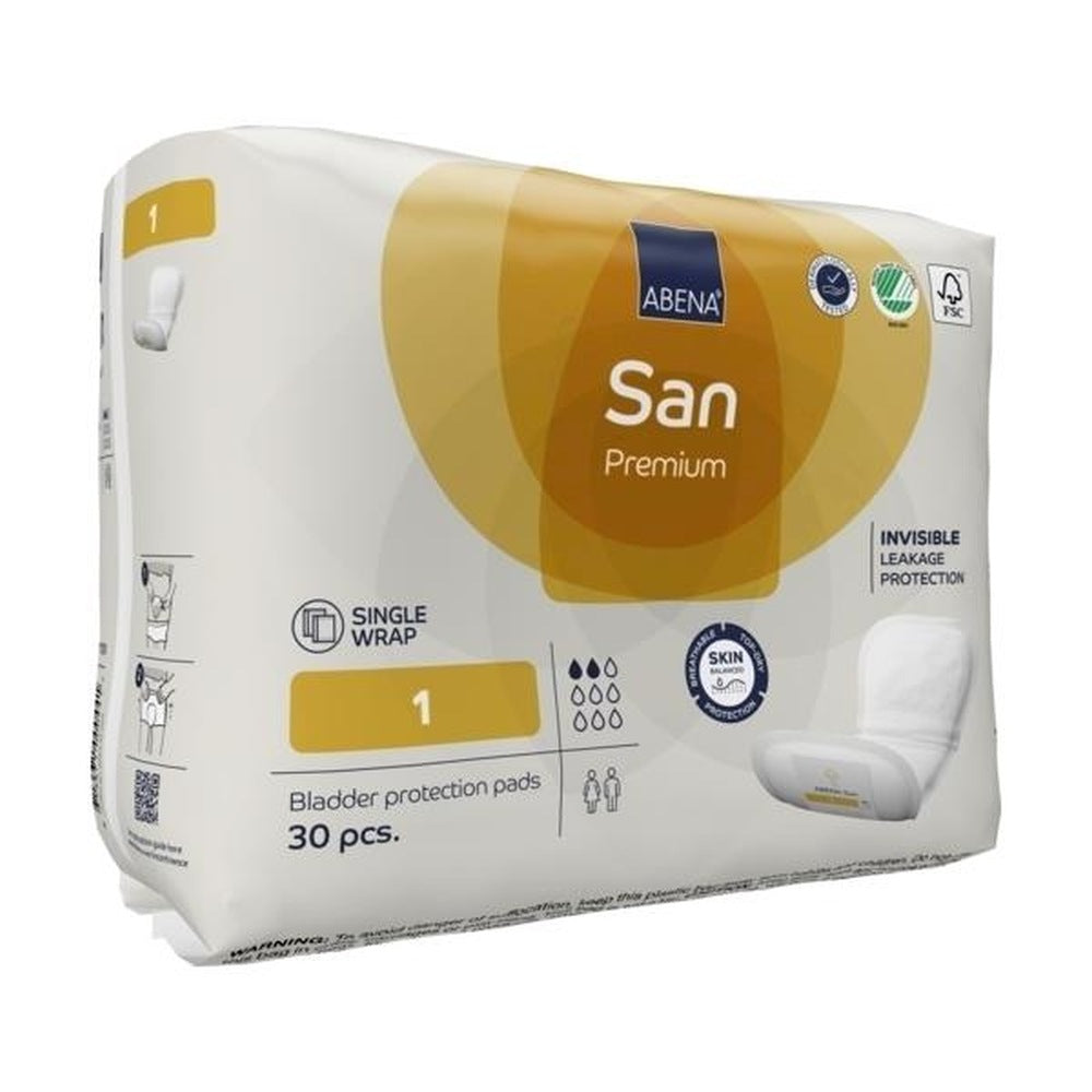 Eine Packung Abena San Premium GR 1 Einlagen für Inkontinenzpflege. Die Verpackung zeigt ein ansprechendes, modernes Design in Weiß und Blau. Auf der Vorderseite sind die Produkteigenschaften wie "Premium" und "GR 1" deutlich sichtbar. Zudem sind Piktogramme zur Absorptionseigenschaft und zum Hautschutz abgebildet. Die Verpackung ist leicht und handlich, ideal für eine diskrete Aufbewahrung.