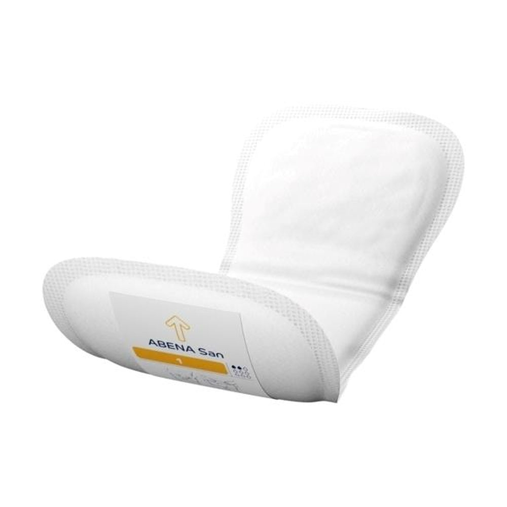 Abena San Premium GR 1 Einlagen in einer transparenten Verpackung. Die Einlagen sind in einer rectangularen Form und leicht gewölbt, für optimalen Komfort gestaltet. Auf der Verpackung sind farbige Grafiken und Informationen über die Produktmerkmale abgedruckt, einschließlich Saugstärke und Hygiene. Die Einlagen sind weiß und bestehen aus einem weichen, atmungsaktiven Material, das für empfindliche Haut geeignet ist.