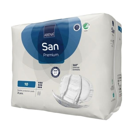 Ein rechteckiges Produktpaket mit aufgedrucktem Logo und Produktinformation, das Abena San Premium GR 10 Einlagen für Inkontinenz zeigt. Die Vorderseite des Pakets ist überwiegend in einem frischen Weiß gehalten, und es sind detaillierte Informationen zu den Einlagen aufgedruckt, einschließlich des Produkttyps und der Anzahl der enthaltenen Einlagen. Auf der Oberseite sind symmetrische, stilisierte Markensymbole gut sichtbar.