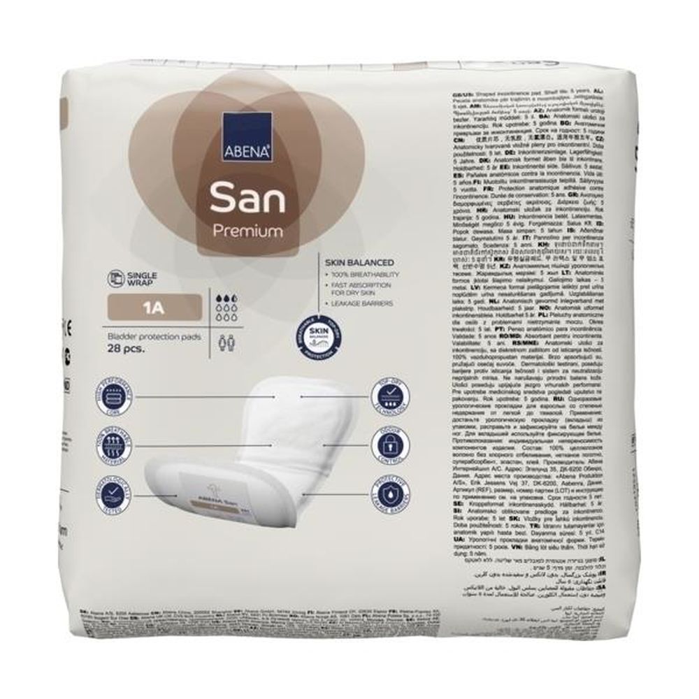 Abena San Premium Gr. 1A Einlagen - Produktbild: Die Einlagen sind rechteckig und hellblau, mit einer speziellen Oberfläche für optimierten Komfort und hohe Saugfähigkeit. Sie besitzen eine strukturierte Oberfläche, die Feuchtigkeit schnell ableitet, und eine integrierte Auslaufschutzbarriere an den Seiten. Die Verpackung ist klar und bietet Informationen über den Produkttyp sowie die Saugstärke. Diese Einlagen sind ideal für leichte Inkontinenz und gewährleisten eine diskrete und zuverlässige Nutzung.