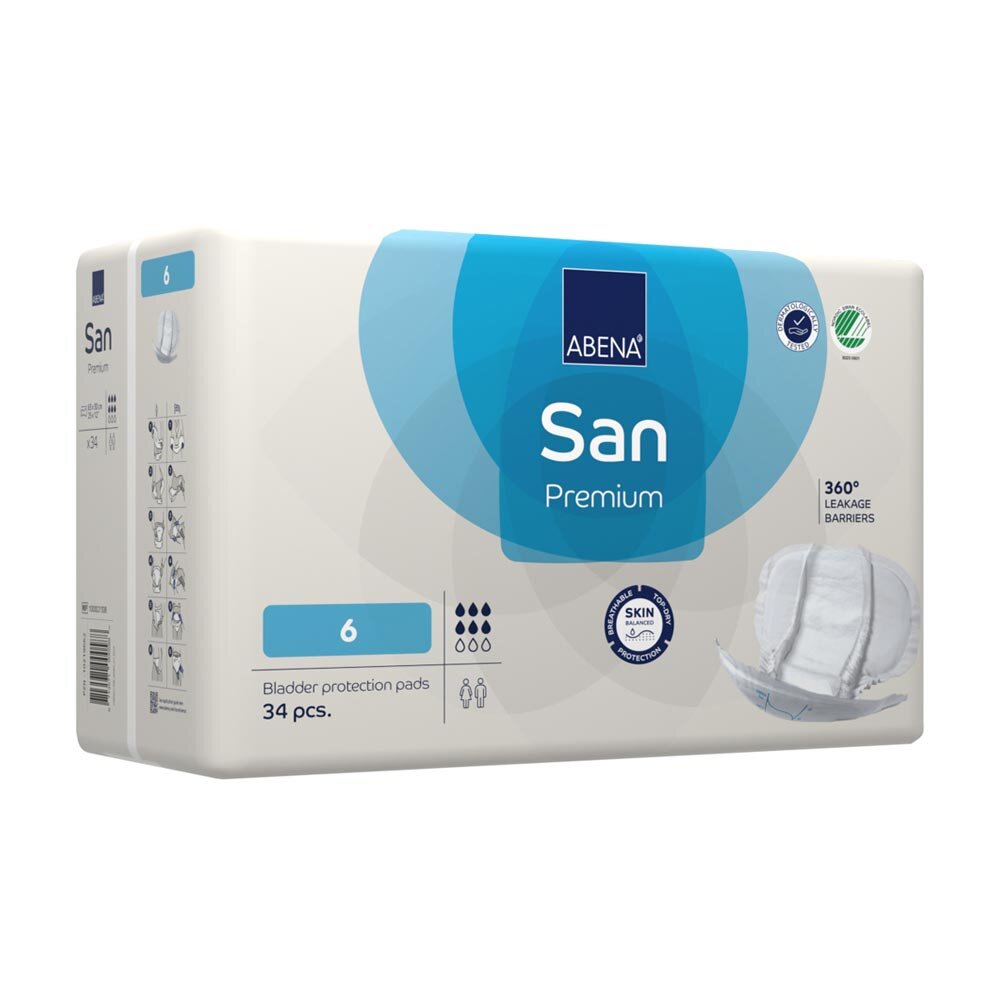 Abena San Premium Einlagen Größe 6. Die Packung enthält absorbierende Einlagen für Inkontinenz, abgebildet in einer klaren und ansprechenden Darstellung. Die Einlagen sind in einem sanften Weiß gehalten und zeigen eine besonders dünne, aber wirkungsvolle Absorptionsschicht. Die Vorderseite der Packung informiert über die Größe und absorbierende Eigenschaften. Zudem sind auf der Verpackung Symbole für hohe Saugfähigkeit und Hautfreundlichkeit abgebildet.