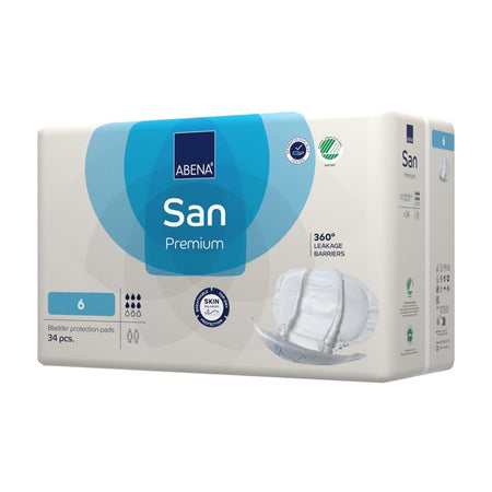 Ein Paket von Abena San Premium, das eine Packung mit einer Anzahl von Einlagen zeigt. Die Einlagen sind für Inkontinenz gedacht und sind in einer ansprechenden grünen Verpackung präsentiert. Auf der Vorderseite der Verpackung sind die wichtigsten Produktinformationen sichtbar, einschließlich der Größe (Gr. 6), der Saugfähigkeit und des Verwendungszwecks. Die Verpackung hat eine klare, strukturierte Gestaltung mit einfachen Symbolen, die auf die Funktionen der Einlagen hinweisen.