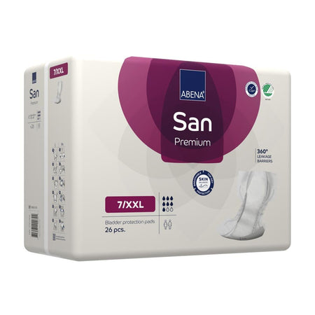 Alt-Text: "Das Produktbild zeigt eine Packung der Abena San Premium Einlagen der Größe 7 XXL. Die Packung ist überwiegend weiß mit farbenfrohen Akzenten in Blau und Grün. Auf der Vorderseite ist das Produkt-Logo sichtbar sowie die Bezeichnung 'Abena San Premium' und die Größe 'Gr. 7 XXL'. Unter dem Logo wird die Saugstärke und weitere wichtige Details dargestellt. Der Hintergrund ist klar und neutral, um die Packung hervorzuheben.
