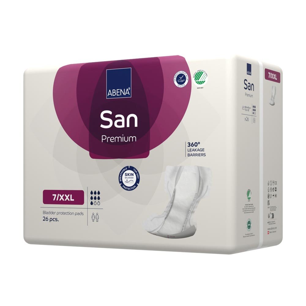 Ein Paket mit Abena San Premium Einlagen der Größe 7 (XXL) wird auf einem weißen Untergrund abgebildet. Die Vorderseite des Pakets zeigt das Produktdesign in frischen Farben mit gut lesbarer, blauer Schrift, die die Marke und die Produkttypen anzeigt. Die Einlagen sind für eine hohe Absorptionsfähigkeit konzipiert und bieten zusätzlichen Komfort. Auf der Verpackung sind Symbole zur Erklärung der Vorteile angebracht. Die Gesamtansicht betont die hochwertige Präsentation und Professionalität des Produkts.