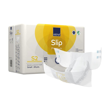 Bildbeschreibung für das Produkt "Abena Slip Premium S2": Die Abena Slip Premium S2 Windeln sind in einer Packung von 14 Stück präsentiert. Die Verpackung zeigt ein ansprechendes, modernes Design in hellblau und grün. Auf der Vorderseite sind Produktinformationen und die Größe S2 deutlich sichtbar. Die Windeln sind für optimale Saugfähigkeit und Komfort konzipiert, mit einem weicheren Material und elastischen Bündchen.