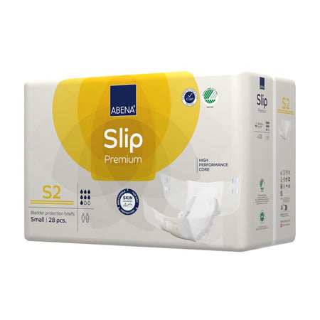Abena Slip Premium S2 Windeln sind in einem eleganten, weißen Design mit blauen und grünen Akzenten abgebildet. Die Windeln sind für die Inkontinenzpflege konzipiert und zeigen seitliche elastische Bündchen für einen sicheren Sitz. Der Produktbereich hebt sich durch dezent gestaltete Grafiken hervor, die die Qualität und Saugfähigkeit der Windeln unterstreichen. Im Hintergrund sind weitere Produktdetails sichtbar, die die Funktionalität und den Komfort des Artikels verdeutlichen.