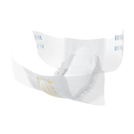 Abena Slip Premium S2 Windeln Packung mit einer klaren Vorderansicht. Die Packung zeigt ein modernes, ansprechendes Design in sanften Farben, hauptsächlich Weiß mit blauen und grünen Akzenten. Auf der Vorderseite sind das Abena-Logo sowie die Produktbezeichnung "Slip Premium S2" deutlich hervorgehoben. Die Windeln selbst sind durch die transparente Verpackung sichtbar und erscheinen in einer kompakten, weißen Form.