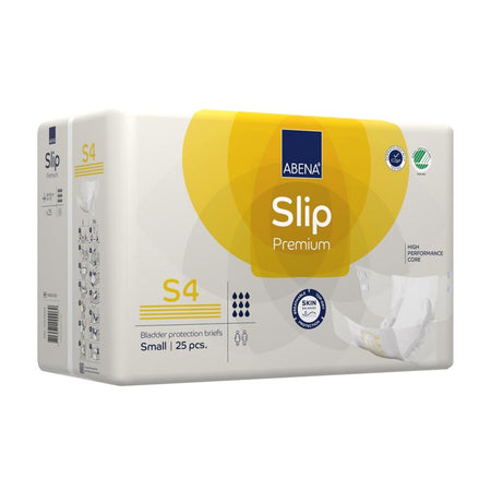 Produktbild einer Abena Slip Premium S4 Windel. Die Windel ist in der Mitte des Bildes platziert und zeigt ihre weiche, weiße Oberfläche mit speziellen Saugkernen, die für hohen Komfort und Schutz sorgen. An den Seiten sind elastische Bündchen sichtbar, die die Windel besser am Körper halten. Oben rechts ist ein klarer Aufdruck mit der Produktbezeichnung "Abena Slip Premium S4". Der Hintergrund ist neutral und hebt die Windel hervor, um ihre Details und Qualität besser zur Geltung zu bringen.