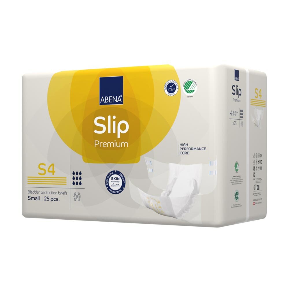 Absorption-Windel Abena Slip Premium S4 in der Vorderansicht, weiß mit blauen Akzenten. Auf der Packung sind die Markenbezeichnung und die Produktdetails gut lesbar. Die Windel zeigt elastische Bünde und eine niedrige Schnittform, die für hohen Komfort sorgen. Auf der Verpackung befinden sich 10 Stück, mit symbolischen Darstellungen der Passform und der verschiedenen Saugstärken. Im Hintergrund ist ein neutraler Farbton, der die Produktdetails hervorhebt.
