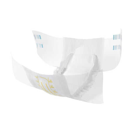 Abena Slip Premium S4 Windeln in einem transparenten Verpackungsbeutel, der im Vordergrund abgebildet ist. Der Beutel zeigt das Produktdesign mit der Bezeichnung "Abena Slip Premium S4" und der angepriesenen Größe, begleitet von Symbolen für Saugstärke und Hautfreundlichkeit. Die Windeln sind weiß mit blauen und grauen Designelementen, die auf die hohe Qualität hinweisen. Im Hintergrund sind unscharfe, neutrale Farben, die den Fokus auf die Windeln lenken.