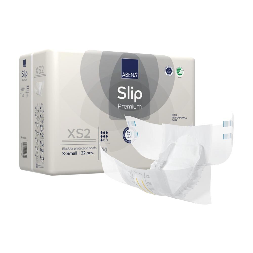 Ein Packung Abena Slip Premium XS2, eine hochwertige, anatomisch geformte Inkontinenzauflage für Erwachsene, liegt auf einem neutralen Untergrund. Die Verpackung zeigt ein modernes, ansprechendes Design mit einem klaren Produktnamen und wichtigen Symbolen, wie beispielsweise der Größe XS sowie der Saugstärke. Die Farben sind vorwiegend Weiß und Blau, während die Verpackung einen transparenten Bereich aufweist, der das Produkt sichtbar macht.