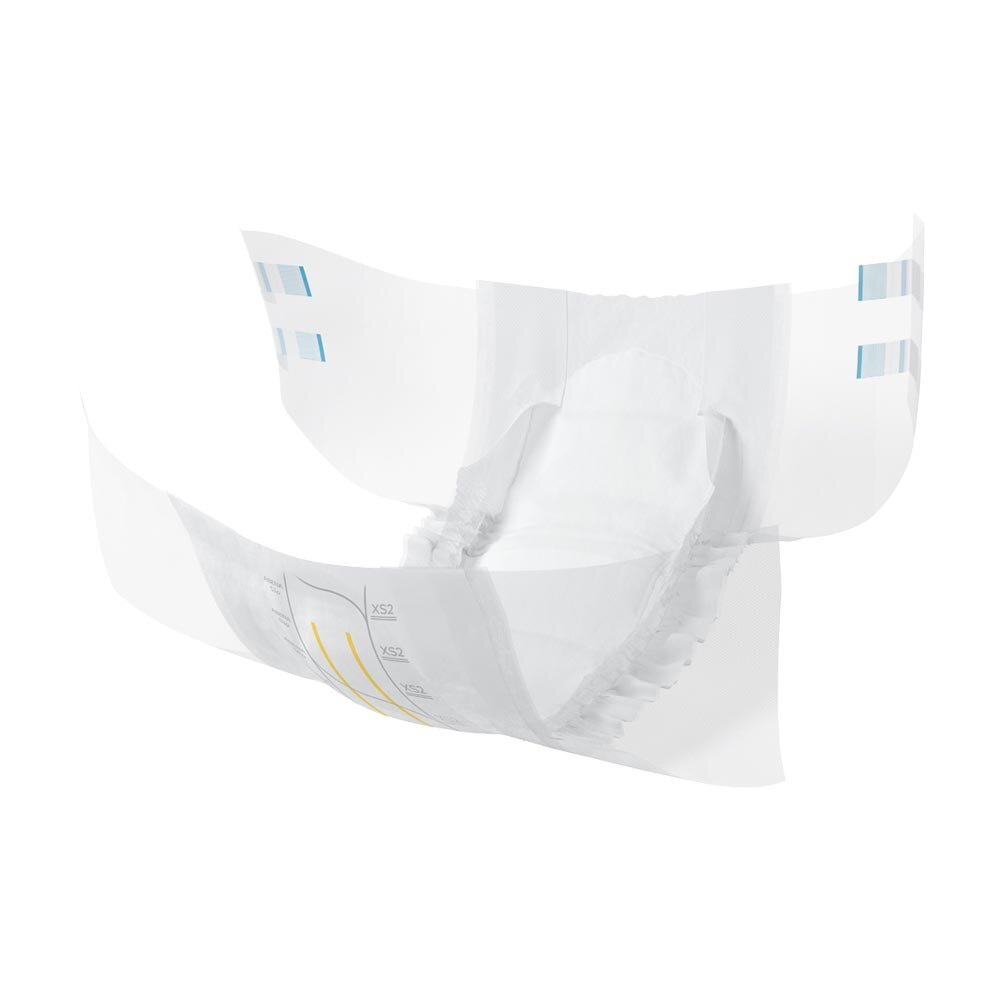 Produktbild eines Abena Slip Premium XS2 Inkontinenzprodukts. Der Slip ist in weißer Farbe gehalten und zeigt eine anatomische Form mit elastischen Bündchen. Die Vorderseite ist mit einem dezenten Muster versehen, während der Rücken glatt erscheint. Der Slip ist auf einem hellen Hintergrund platziert, der die Details und den Materialmix betont. Die Verpackung ist farbenfroh und enthält Produktinformationen und Empfehlungen zur Anwendung.