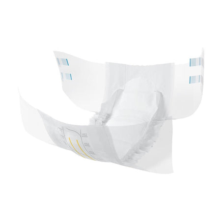 Produktbild eines Abena Slip Premium XS2 Inkontinenzprodukts. Der Slip ist in weißer Farbe gehalten und zeigt eine anatomische Form mit elastischen Bündchen. Die Vorderseite ist mit einem dezenten Muster versehen, während der Rücken glatt erscheint. Der Slip ist auf einem hellen Hintergrund platziert, der die Details und den Materialmix betont. Die Verpackung ist farbenfroh und enthält Produktinformationen und Empfehlungen zur Anwendung.