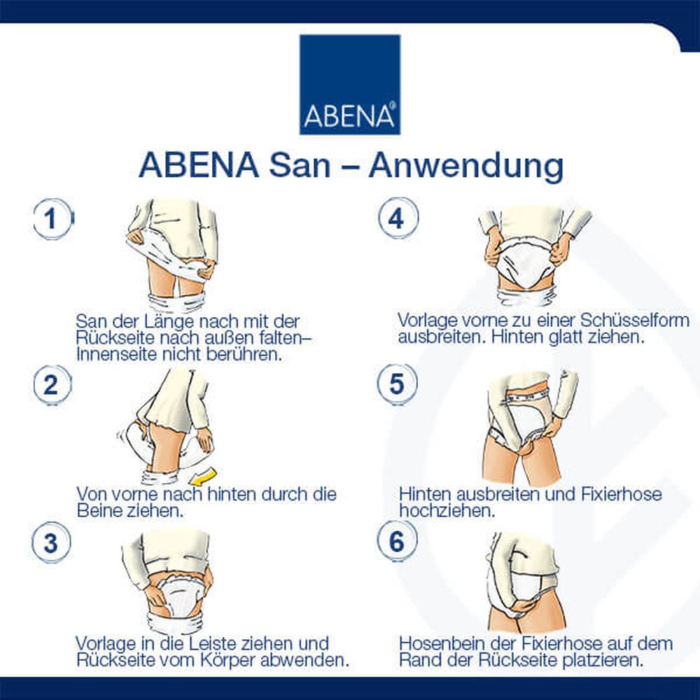 Das Bild zeigt eine Anwendungsanleitung für das Produkt "Abena San". Links im Bild sind verschiedene Abbildungen zu sehen, die die Anwendung des Produkts illustrieren. Die dargestellten Schritte sind klar nummeriert und mit kurzen Erklärungen versehen. Der Hintergrund ist neutral, um den Fokus auf die Anweisungen zu legen. Am unteren Bildrand befinden sich das Logo von Abena sowie zusätzliche Informationen zu den Produktvorteilen.