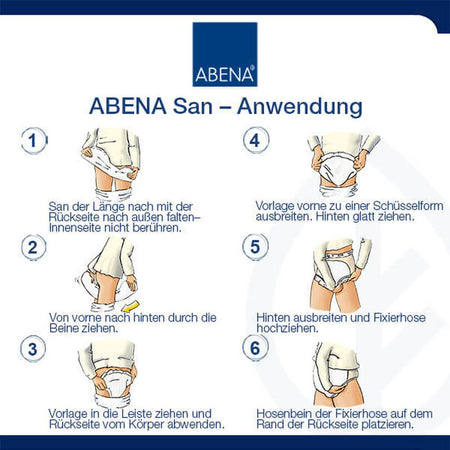 Das Bild zeigt eine Anwendungsanleitung für das Produkt "Abena San". Links im Bild sind verschiedene Abbildungen zu sehen, die die Anwendung des Produkts illustrieren. Die dargestellten Schritte sind klar nummeriert und mit kurzen Erklärungen versehen. Der Hintergrund ist neutral, um den Fokus auf die Anweisungen zu legen. Am unteren Bildrand befinden sich das Logo von Abena sowie zusätzliche Informationen zu den Produktvorteilen.