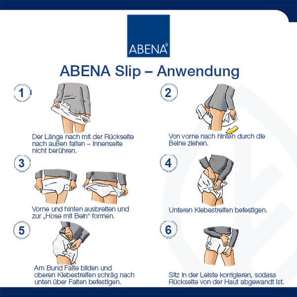 Bild zeigt die Anwendungstechnik eines Abena Slip, einer speziellen Inkontinenzserie für Erwachsene. Der Hintergrund ist hell und neutral gehalten, um den Fokus auf das Produkt zu richten. In der Mitte sieht man eine Abena Slip, die auf einer weichen Oberfläche liegt. Eine Hand demonstriert die richtige Positionierung und das Anlegen des Slips. Die Anatomie des Produkts ist gut erkennbar, darunter elastische Bündchen und eine innere Saugschicht.