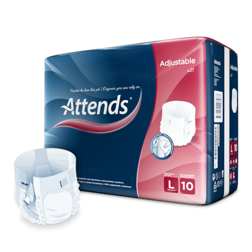 Alt-Text: Die Abbildung zeigt eine Packung von Attends Adjustables Inkontinenzprodukten mit der Bezeichnung „10 Tropfen“ in der Größe L. Die Packung ist hauptsächlich in Blau gehalten und trägt gelbe Akzente. Auf der Vorderseite sind die Hauptmerkmale wie Saugfähigkeit und Größe deutlich sichtbar. Im Hintergrund sind einige stilisierte, grafische Darstellungen, die die Anpassbarkeit und den Tragekomfort der Produkte hervorheben.