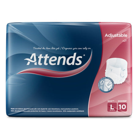 Sicht auf eine Packung mit Attends Adjustables 10 Tropfen in L. Die Packung ist überwiegend in Weiß und Blau gehalten und präsentiert deutlich das Produktlogo sowie die tropfenförmige Einstufung für den Saugkomfort. Im Hintergrund sind vereinfachte grafische Darstellungen von den Vorteilen der Inkontinenzprodukte abgebildet. Die Verpackung hebt sich klar von einem neutralen Hintergrund ab.