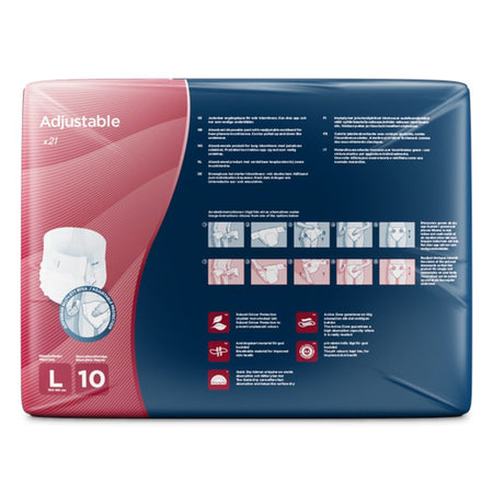 Ein Produktbild zeigt eine Packung mit Attends Adjustables, Größe L, das schnelltrocknende Inkontinenzprodukte für Erwachsene darstellt. Die Verpackung ist überwiegend in einem hellen Blau gehalten und zeigt das Produkt in einem praktischen Format. Auf der Vorderseite sind Informationen zum Produkttyp und zur Größe deutlich sichtbar. Der Hintergrund ist neutral, um das Produkt hervorzuheben.
