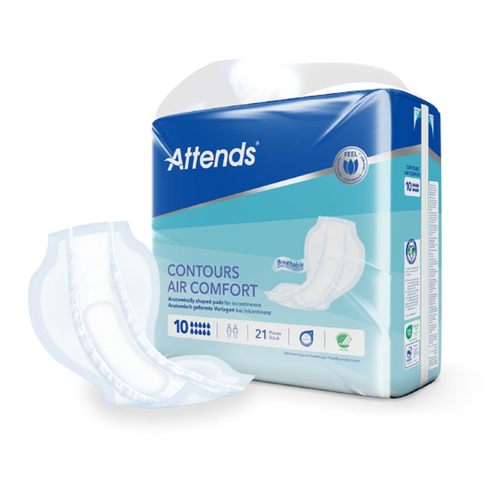 Alt-Text: Produktbild von Attends Contours Air Comfort 10, einer hochwertigen Inkontinenzhilfe. Die Einlage ist in einer praktischen Verpackung dargestellt, die in freundlichen Farben gehalten ist. Die Vorlage ist weich und atmungsaktiv, was für Komfort und Schutz sorgt. Sichtbare Symbole zeigen die Saugkraft und die anatomische Form an, die für eine optimale Passform sorgt. Im Hintergrund sind unscharfe Elemente zu erkennen, die eine behagliche Atmosphäre schaffen.