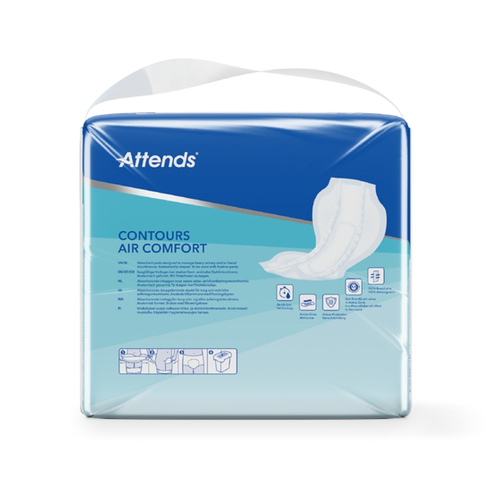 Alt-Text: Ein Produktbild von Attends Contours Air Comfort 10, einer Inkontinenzvorlage. Die Vorlage in sanftem Blau und Weiß liegt auf einem neutralen Hintergrund, zeigt die weiche, atmungsaktive Oberflächenstruktur sowie die anatomische Form. Die Verpackung ist teilweise sichtbar, mit klarer Beschriftung, die die Produktmerkmale hervorhebt. Die Vorlage ist für optimalen Tragekomfort gestaltet und bietet Saugfähigkeit sowie Sicherheit.