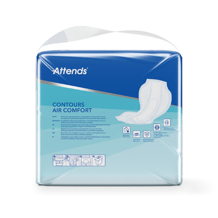 Alt-Text: Ein Produktbild von Attends Contours Air Comfort 10, einer Inkontinenzvorlage. Die Vorlage in sanftem Blau und Weiß liegt auf einem neutralen Hintergrund, zeigt die weiche, atmungsaktive Oberflächenstruktur sowie die anatomische Form. Die Verpackung ist teilweise sichtbar, mit klarer Beschriftung, die die Produktmerkmale hervorhebt. Die Vorlage ist für optimalen Tragekomfort gestaltet und bietet Saugfähigkeit sowie Sicherheit.