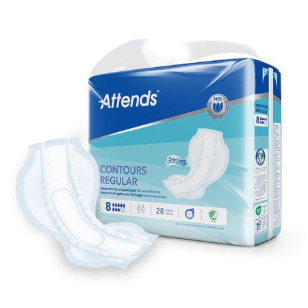 Alt-Text: Produktbild von Attends Contours Regular 8, einem saugfähigen Inkontinenzpad für Erwachsene. Das Pad ist in der oberen Hälfte klar sichtbar und zeigt seine anatomische Form mit seitlichen Auslaufschutz und einer spezifischen Struktur für angenehmen Sitz. Der Hintergrund ist hell und neutral, um das Produkt hervorzuheben. Die Verpackung ist in sanften Farben gestaltet, wobei das Logo und wichtige Informationen gut lesbar sind.