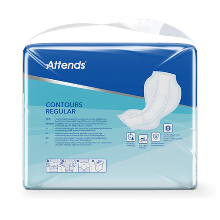 Ein Bild zeigt die Verpackung von Attends Contours Regular 8, einem Produkt für die Inkontinenzversorgung. Die Packung ist in einem angenehmen Blau- und Grünton gehalten, mit klaren, leserlichen Schriftzügen auf der Vorderseite. Auf dem Etikett sind Informationen über die Größe und den Typ der Vorlage angegeben. Es sind auch Piktogramme abgebildet, die die Eigenschaften des Produkts hervorheben.