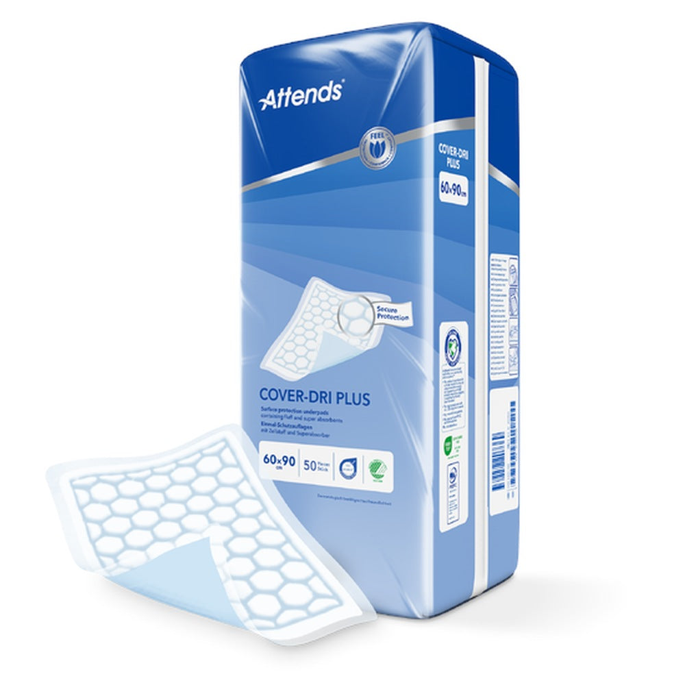 Attends Cover Dry Plus Inkontinenzunterlagen, Größe 60x90 cm, auf weißem Hintergrund. Die Produkte sind flach gestapelt, mit klar sichtbaren Abmessungen und Verpackungsdetails. Die Unterlagen sind in einer schützenden Kunststofffolie eingewickelt, die transparente Sichtfenster hat, um die Qualität zu zeigen. An einer Seite der Packung sind Markierungen und Hinweise zur Verwendung und Pflege abgebildet. Ideal für Personen, die zusätzliche Sicherheit und Komfort bei Inkontinenz benötigen.