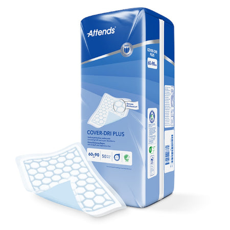 Attends Cover Dry Plus Inkontinenzunterlagen, Größe 60x90 cm, auf weißem Hintergrund. Die Produkte sind flach gestapelt, mit klar sichtbaren Abmessungen und Verpackungsdetails. Die Unterlagen sind in einer schützenden Kunststofffolie eingewickelt, die transparente Sichtfenster hat, um die Qualität zu zeigen. An einer Seite der Packung sind Markierungen und Hinweise zur Verwendung und Pflege abgebildet. Ideal für Personen, die zusätzliche Sicherheit und Komfort bei Inkontinenz benötigen.
