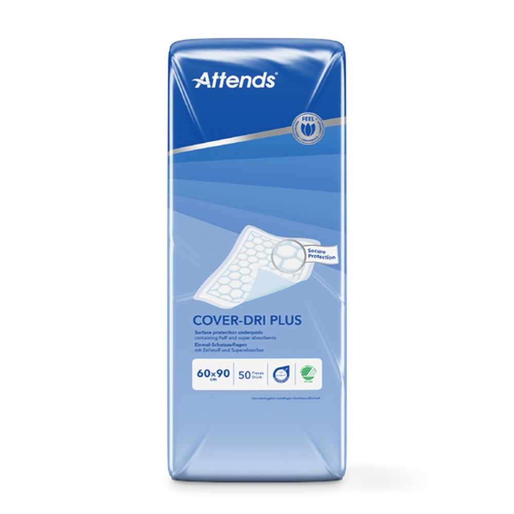 Das Bild zeigt eine Packung der Attends Cover Dry Plus Einwegunterlagen. Die Verpackung ist in einem sauberen, minimalistischen Design gehalten, hauptsächlich in Blau und Weiß. Auf der Vorderseite befindet sich der Produktname "Attends Cover Dry Plus" sowie die Größe "60x90 cm". Die Verpackung ist gefaltet und zeigt die Unterlagen, die für eine hohe Saugfähigkeit und Trockenheit konzipiert sind. Im Hintergrund sind einige helle Punkte, die dem Bild eine ansprechende Tiefe verleihen.