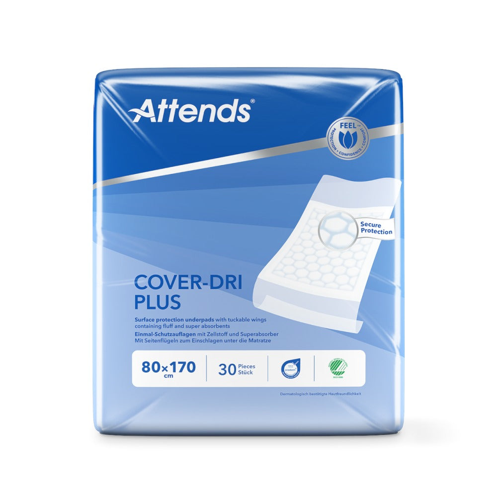 Produktbild einer Packung "Attends Cover Dry Plus", die Inkontinenzprodukte enthält. Die Verpackung zeigt ein logisches, modernes Design mit einem klaren, übersichtlichen Layout. Auf der Vorderseite sind die Produktbezeichnung und die wichtigsten Merkmale abgebildet, darunter die Größe 80x170 cm. Die Farbgestaltung ist in sanften Blau- und Weißtönen gehalten, um Vertrauen zu signalisieren. Im Hintergrund sind stilisierte grafische Elemente zu sehen, die das Thema der Produktanwendung unterstützen.