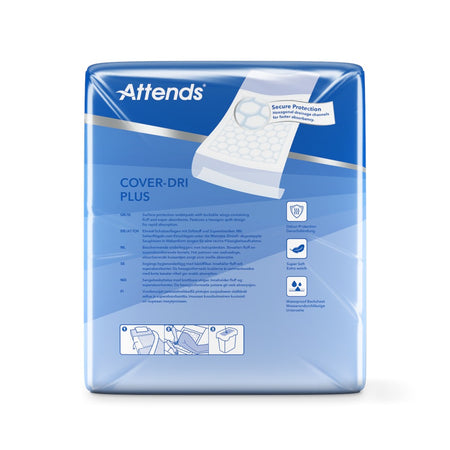 Ein weißer, rechteckiger Inkontinenzschutz für Erwachsene liegt auf einem hellen Hintergrund. Die Packung ist geöffnet und zeigt mehrere darüberliegende, faltbare Einlagen. Diese Einlagen sind in verschiedenen Größen, wobei die zentrale Einlage größer wirkt. Alle Einlagen haben eine glatte, oblonge Form und sind an den Rändern leicht erhöht. In der oberen linken Ecke ist das Logo des Herstellers gut sichtbar.