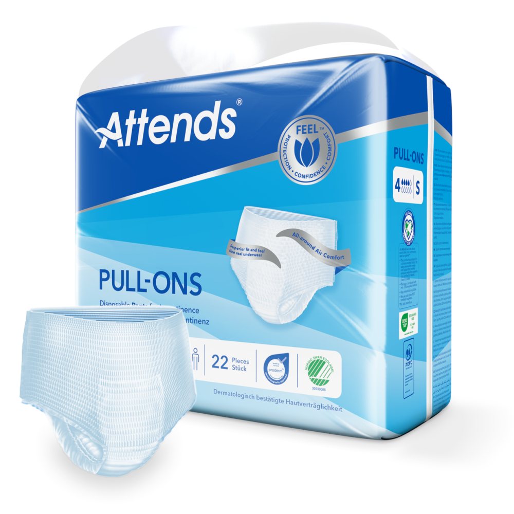 In dem Produktbild sind Attends Pull-Ons der Größe S abgebildet. Die Erwachsenenwindeln sind in weißer Farbe mit elastischen Seiten und einem weichen, atmungsaktiven Material gestaltet. Sie haben eine anatomische Form und bieten optimale Bewegungsfreiheit. Auf der Vorderseite sind keine auffälligen Markierungen zu sehen, um Diskretion zu gewährleisten. Der Hintergrund des Bildes ist neutral gehalten, um den Fokus auf das Produkt zu lenken.