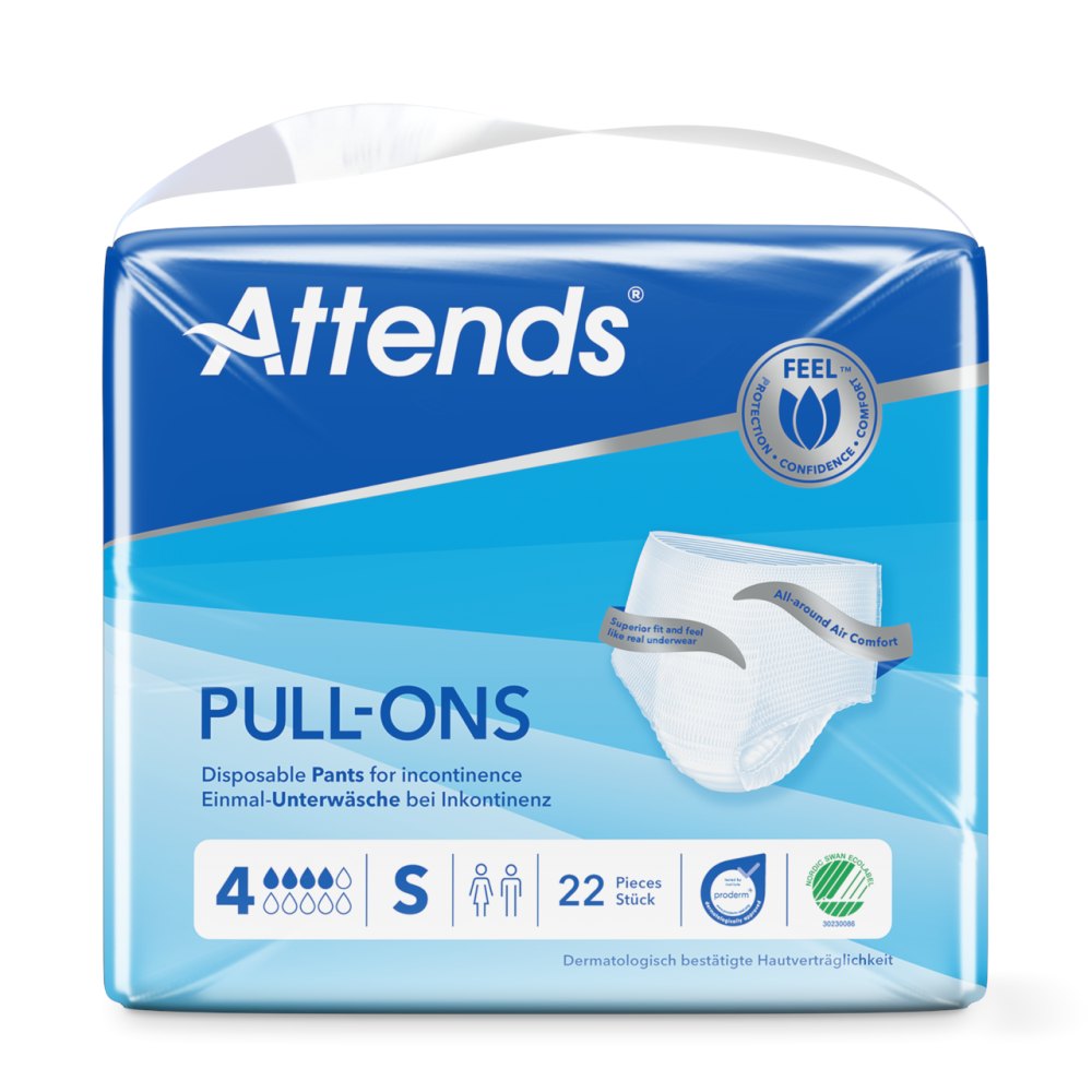 Attends Pull-ons Größe 4 in der Farbe Weiß, präsentiert auf einem neutralen Hintergrund. Die Ausführungen zeigen die elastische Bundpartie und die bequeme Passform der Einweg-Unterhosen, die für Inkontinenz entwickelt wurden. Sichtbar sind die feuchtigkeitsabsorbierenden Schichten sowie die seitlichen Verschlüsse. Das Produkt wird in einer Packung angeboten, die eine klare Sicht auf die Qualität und das Design der Pull-ons ermöglicht.