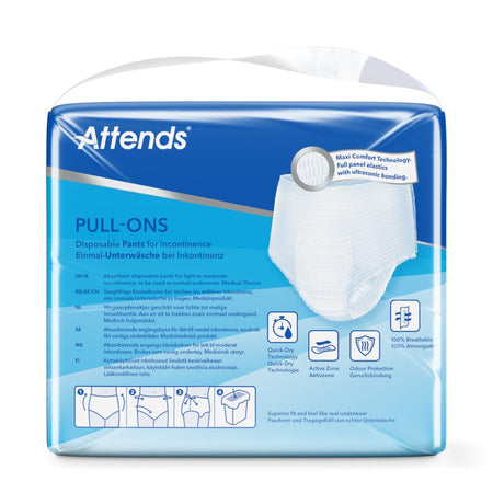 Produktbild zeigt eine Packung mit "Attends Pull-Ons" in der Größe Small. Die Verpackung ist hauptsächlich in Blau und Weiß gehalten, mit klar lesbarem Logo und Produktinformationen auf der Vorderseite. Die Packung enthält eine Abbildung der Pull-On-Hosen, die ergonomisch und unterstützend wirken. Der Hintergrund ist neutral, um den Fokus auf das Produkt zu legen. Unten auf der Verpackung sind zusätzliche Informationen wie Saugstärke und Nutzungshinweise abgedruckt.