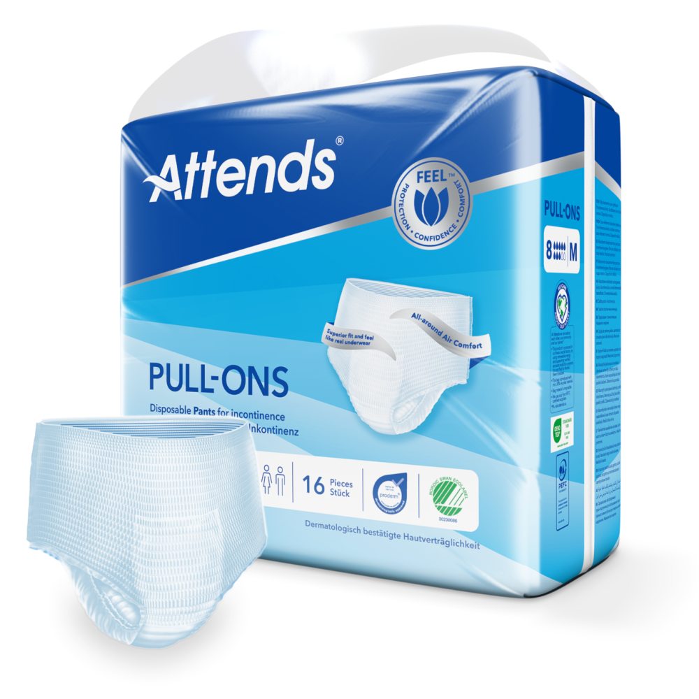 Alt-Text: Auf dem Produktbild sind Attends Pull-Ons in der Größe M zu sehen. Die Unterwäsche hat eine weiße, samtige Oberfläche und zeigt elastische Bündchen, die für einen bequemen Sitz sorgen. In der oberen linken Ecke ist das Attends-Logo abgebildet. Die Verpackung ist transparent, sodass mehrere Pull-Ons gut sichtbar sind. Der Hintergrund ist neutral und hell, wodurch das Produkt hervorgehoben wird. Die Pull-Ons sind für Erwachsene konzipiert und bieten Komfort sowie Schutz bei Inkontinenz.