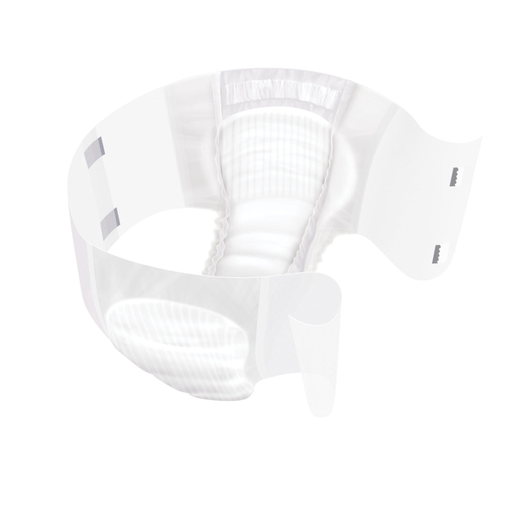 Ein weißes, saugfähiges Inkontinenzprodukt in Slip-Form für Erwachsene, das auf einem neutralen Hintergrund präsentiert wird. Der Slip hat elastische Bündchen an den Beinen für einen sicheren Sitz und verstärkte Seiten, die Stabilität bieten. Die Oberfläche ist texturiert und zeigt eine sanfte, aber zuverlässige Saugfähigkeit. Auf der Vorderseite befinden sich keine auffälligen Logos oder Muster, was ein unauffälliges Tragegefühl ermöglicht.