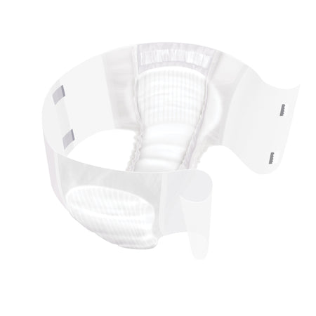 Ein weißes, saugfähiges Inkontinenzprodukt in Slip-Form für Erwachsene, das auf einem neutralen Hintergrund präsentiert wird. Der Slip hat elastische Bündchen an den Beinen für einen sicheren Sitz und verstärkte Seiten, die Stabilität bieten. Die Oberfläche ist texturiert und zeigt eine sanfte, aber zuverlässige Saugfähigkeit. Auf der Vorderseite befinden sich keine auffälligen Logos oder Muster, was ein unauffälliges Tragegefühl ermöglicht.