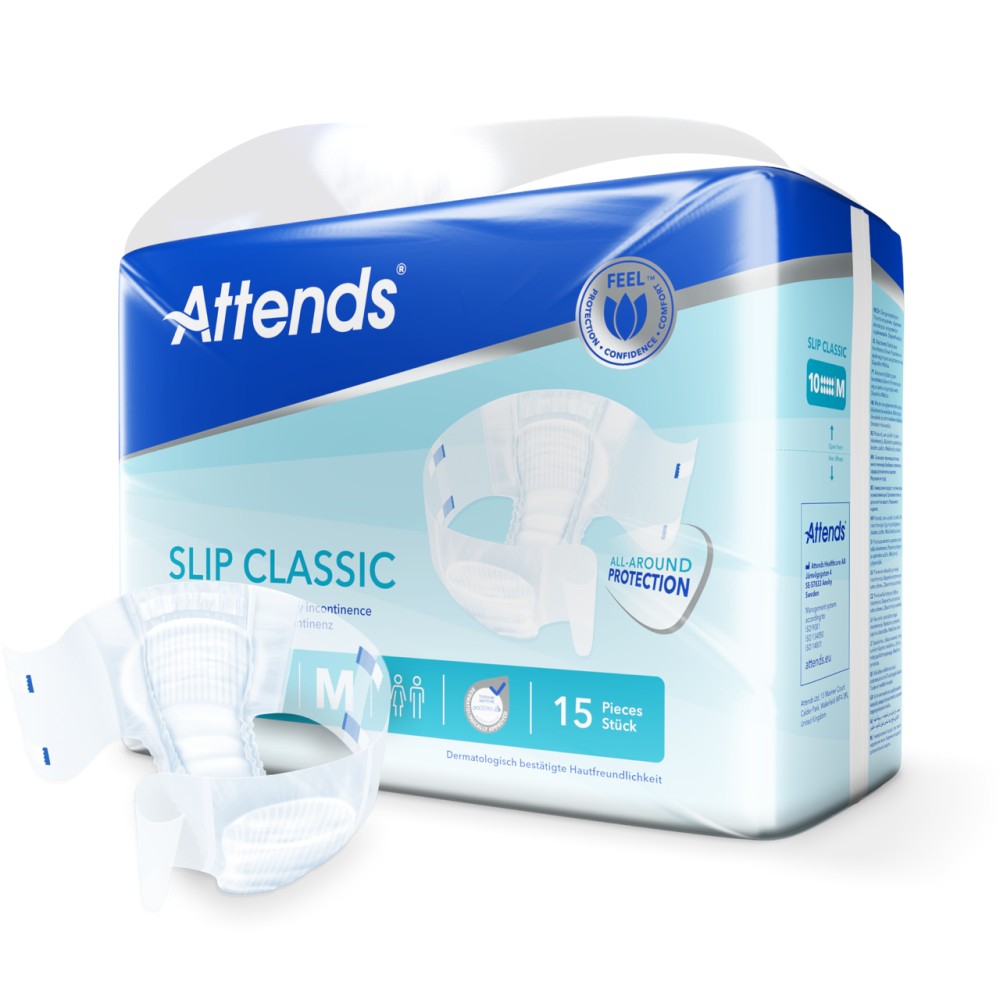 Ein Produktbild zeigt die Attends Slip Classic 10 in der Größe Medium. Die Verpackung präsentiert sich in einer ansprechenden, hellen Farbgestaltung mit einem klaren Sichtfenster, das das Inlay zeigt. Auf der Vorderseite sind die Produktbezeichnung und wichtige Merkmale wie "Hochwertiger Schutz" und "Atmungsaktive Materialien" hervorgehoben. In der oberen Ecke sind Informationen zur Größe und zur Anzahl der enthaltenen Produkte aufgeführt. Der Hintergrund ist neutral gehalten, um das Produkt hervorzuheben.