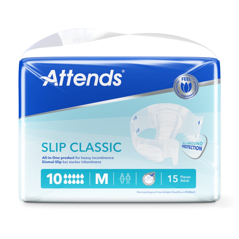 Attends Slip Classic 10 ist ein in Europa hergestellter Inkontinenzslip für Männer und Frauen. Das Produkt hat eine helle, gerillte Oberfläche und wird in einer mittelgroßen Variante präsentiert. An den Seiten sind elastische Klebestreifen, die eine optimale Anpassung und sicheren Sitz ermöglichen. Der Slip bietet eine hohe Saugfähigkeit und ist mit einer feuchtigkeitsabweisenden Außenschicht ausgestattet.