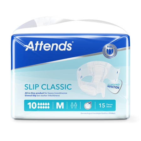 Attends Slip Classic 10 ist ein in Europa hergestellter Inkontinenzslip für Männer und Frauen. Das Produkt hat eine helle, gerillte Oberfläche und wird in einer mittelgroßen Variante präsentiert. An den Seiten sind elastische Klebestreifen, die eine optimale Anpassung und sicheren Sitz ermöglichen. Der Slip bietet eine hohe Saugfähigkeit und ist mit einer feuchtigkeitsabweisenden Außenschicht ausgestattet.